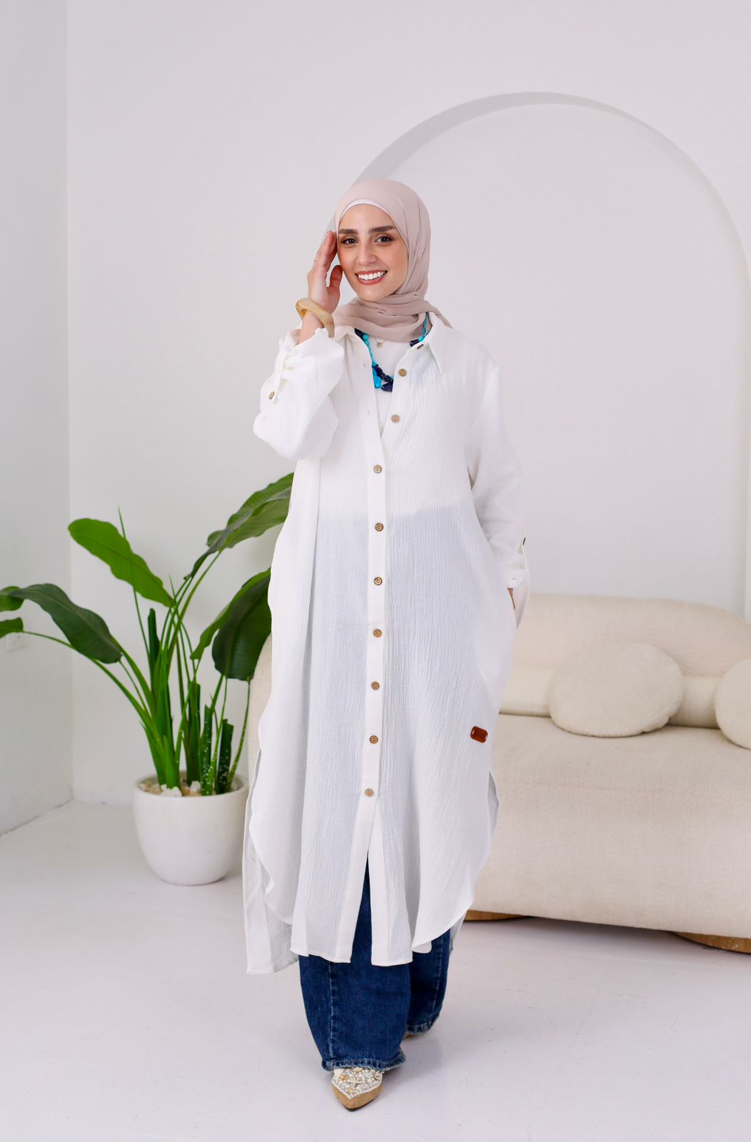 Long Crinkle Cotton Shirt in White