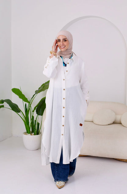 Long Crinkle Cotton Shirt in White