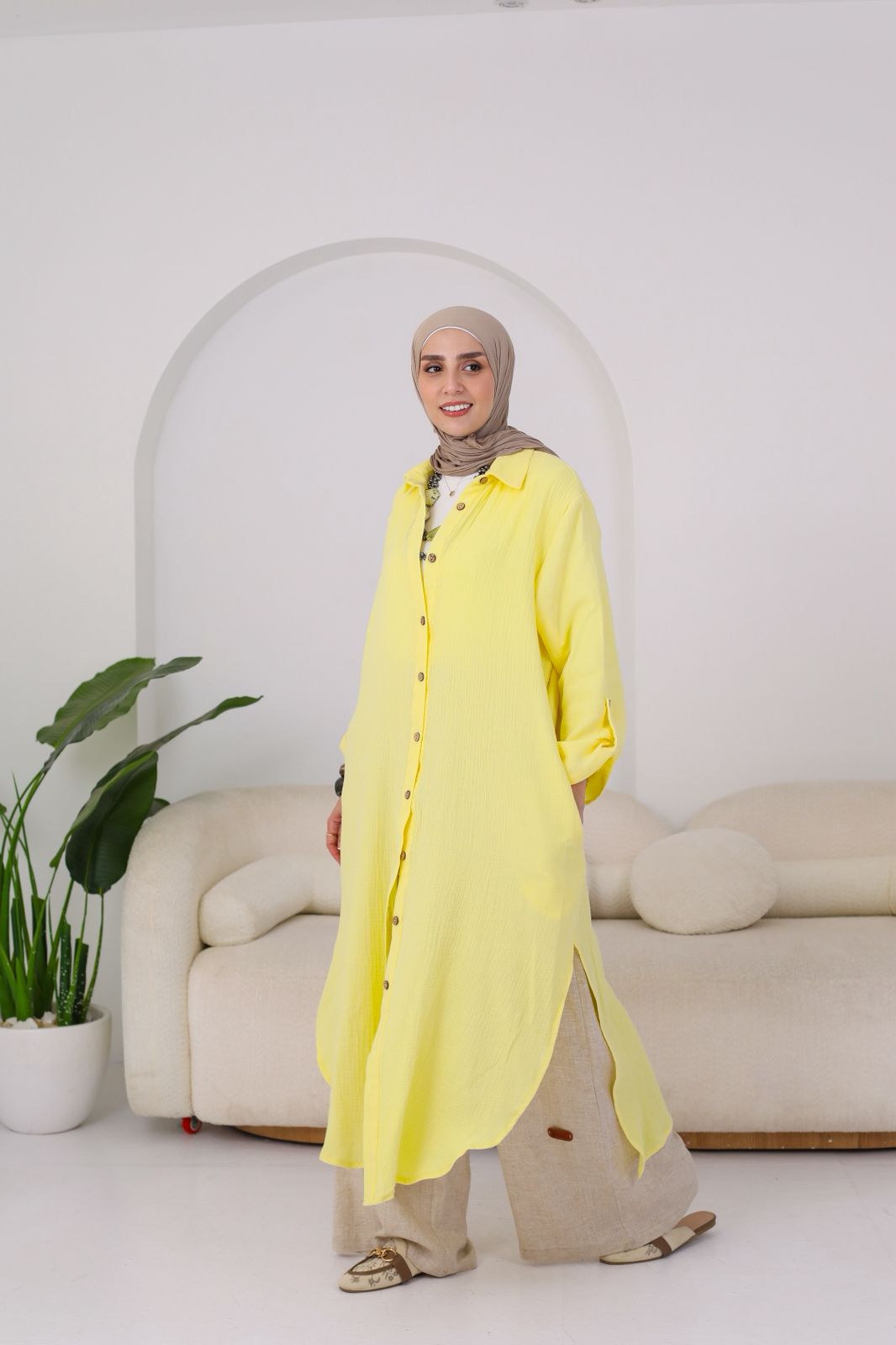 Long Crinkle Cotton Shirt in Yellow