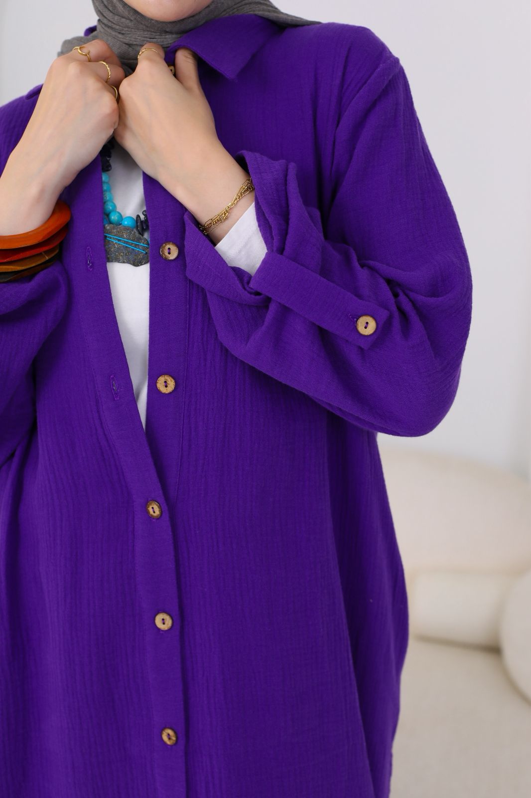 Long Crinkle Cotton Shirt in Purple