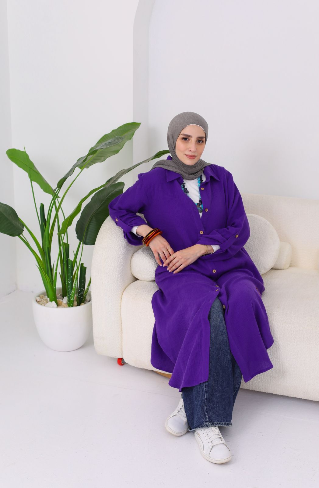 Long Crinkle Cotton Shirt in Purple