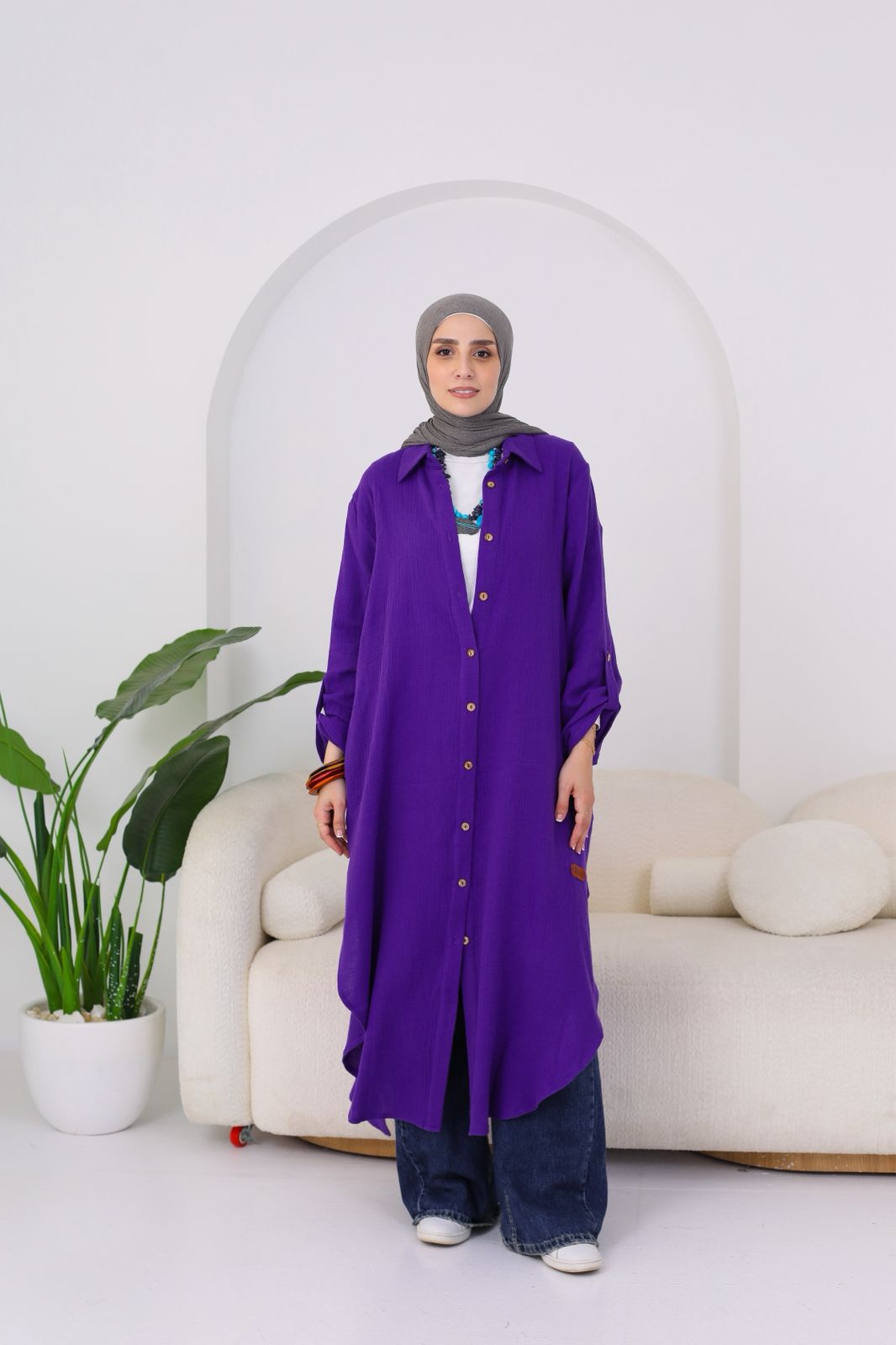 Long Crinkle Cotton Shirt in Purple