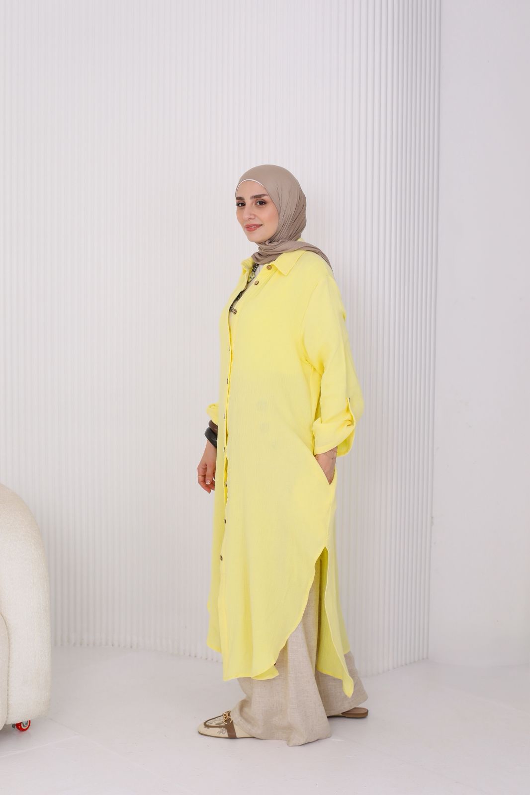 Long Crinkle Cotton Shirt in Yellow