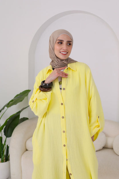 Long Crinkle Cotton Shirt in Yellow