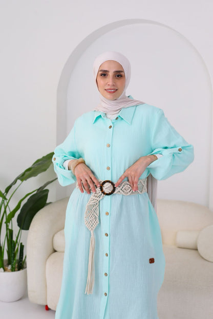 Long Crinkle Cotton Shirt in Aqua