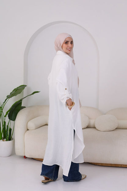 Long Crinkle Cotton Shirt in White