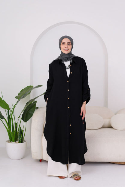 Long Crinkle Cotton Shirt in Black