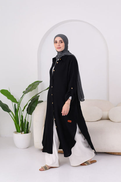 Long Crinkle Cotton Shirt in Black