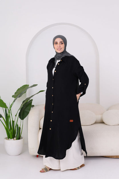 Long Crinkle Cotton Shirt in Black