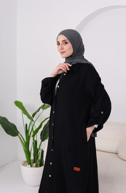 Long Crinkle Cotton Shirt in Black