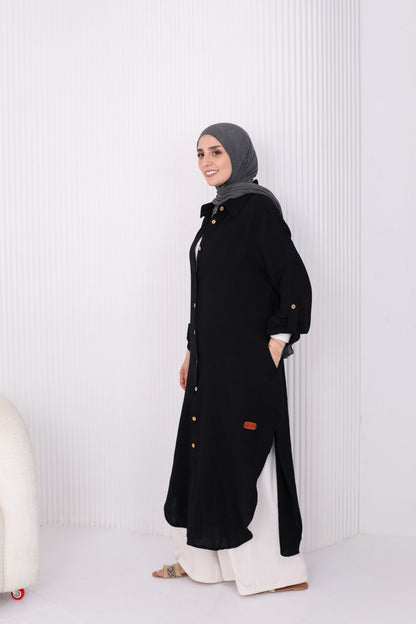 Long Crinkle Cotton Shirt in Black