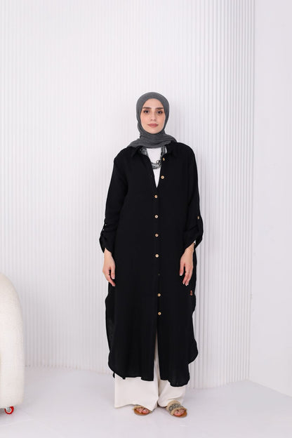 Long Crinkle Cotton Shirt in Black