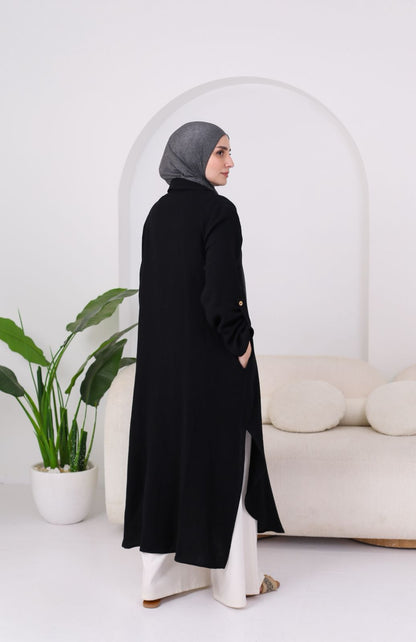 Long Crinkle Cotton Shirt in Black