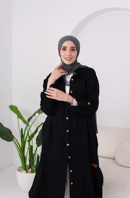 Long Crinkle Cotton Shirt in Black