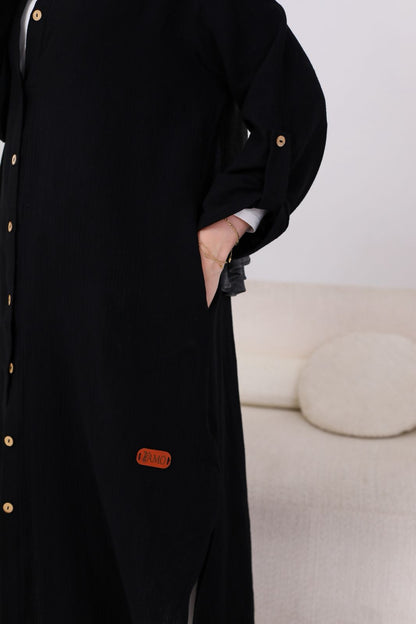 Long Crinkle Cotton Shirt in Black