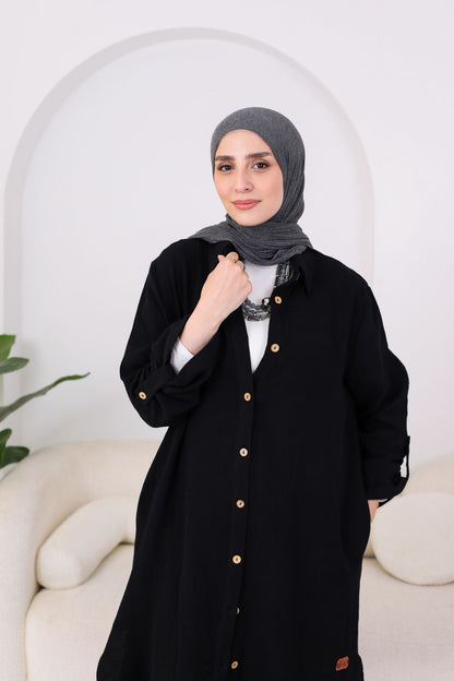 Long Crinkle Cotton Shirt in Black