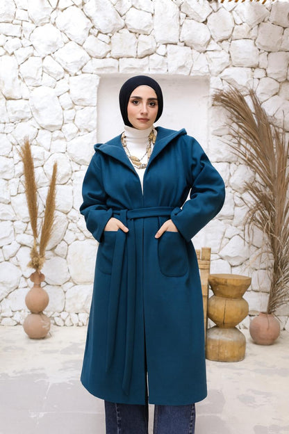 Wool Hooded Coat in Petrol blue