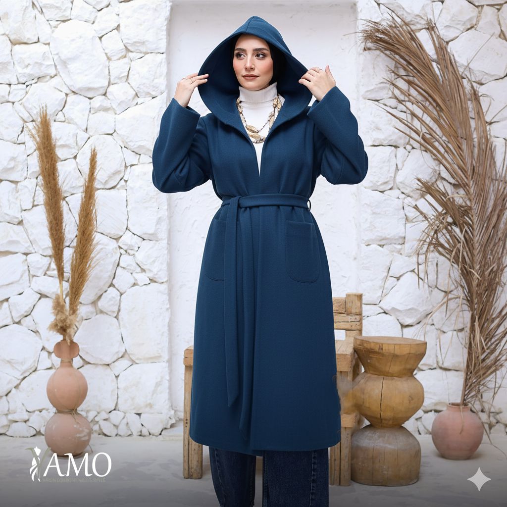 Wool Hooded Coat in Petrol blue