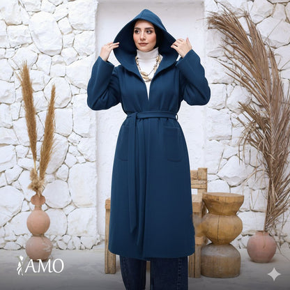 Wool Hooded Coat in Petrol blue