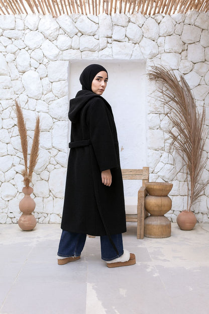 Wool hooded coat in black
