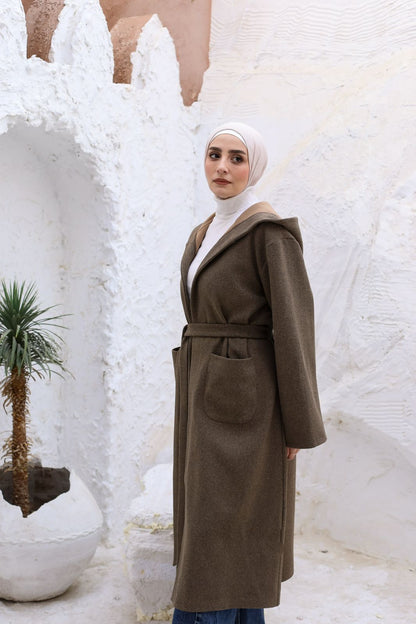 Wool Hooded Coat in Brown